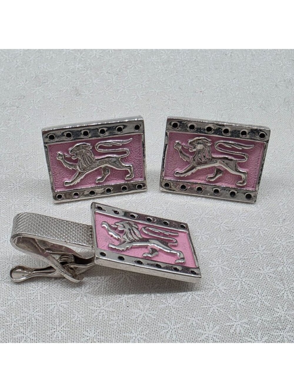 Silver & Pink Lion Cufflinks & Tie Clip Set Vintage